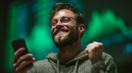 Man celebrates financial success holding smartphone with positive trading data in front of market graph