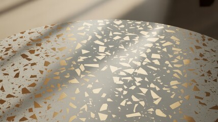 Close-up of a light grey terrazzo surface with gold flecks and dappled sunlight texture background