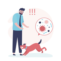Rabid aggressive dog attacks and bites man on leg. Dog bites man transmits rabies bacteria virus. Medical care, immunization, fight with dangerous infection.