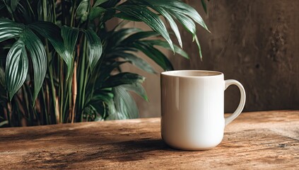 A white mug sits on a wooden table next to a leafy plant