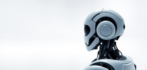 A solitary white robot contemplates in a minimalist white void, automation, design