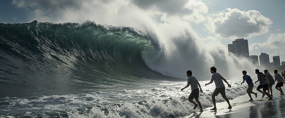 A massive wave crashes towards the shore as surfers and beachgoers watch in awe 