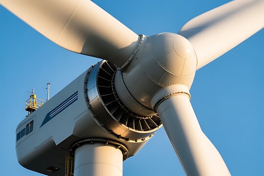 Zoomed-in view of turbine blades and nacelle on an offshore wind tower, with engineering textures and metallic tones