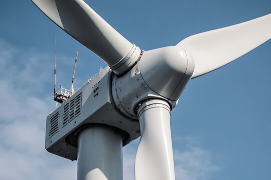 Zoomed-in view of turbine blades and nacelle on an offshore wind tower, with engineering textures and metallic tones 