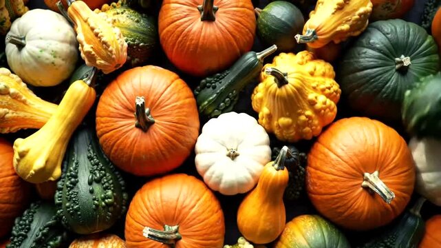 A vibrant and diverse assortment of pumpkins and gourds in various shapes, sizes, and colors, perfect for autumn and halloween