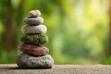 Stack of Balanced Smooth River Stones Against Soft Green Bokeh Background, Earthy Tones, Zen Harmony, Meditation Still Life [147]