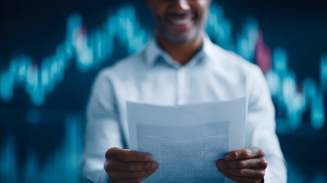 Confident professional holding a financial document against a blurred market graph representing business success and investment growth