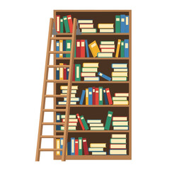 Wooden Bookshelf with Books and Ladder