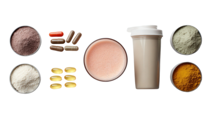 Premium Fitness Supplements: A flat lay of premium fitness supplements like protein powder, vitamins, and shakes, isolated on a Transparent background, PNG file.