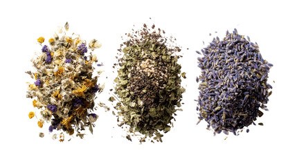 Premium Herbal Tea Blends: A flat lay of premium herbal tea blends like chamomile, peppermint, and lavender, isolated on a Transparent background, PNG file.