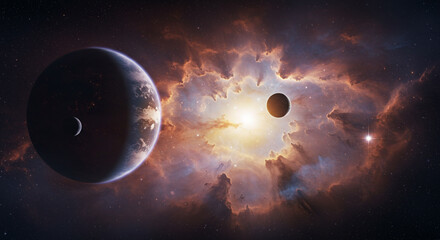 Obraz premium Dramatic deep space nebula scene with planets and stars creates a sense of cosmic wonder and exploration