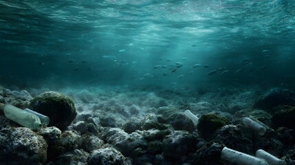 Fototapeta premium Underwater scene depicting plastic bottles polluting a coral reef ecosystem with a school of fish swimming in the murky blue water
