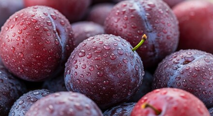 Fototapeta premium Fresh Ripe Plums with Water Droplets - Close-up Still Life