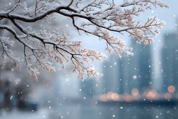 Close-up of delicate tree branches covered in fresh, white snow, with soft snowflakes gently falling against a blurred modern city skyline. Serene and photorealistic.