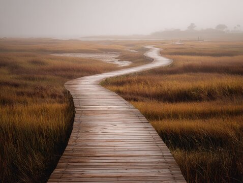 A Foggy Coastal Meadow With A Moody Boardwalk Path