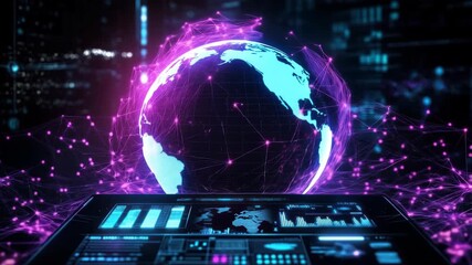 Futuristic video concept of a digital globe with neon pink connections. Low-angle view over a tablet displaying data analytics in a dark setting. Live desktop wallpaper. - Powered by Adobe