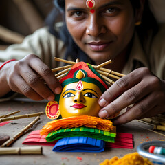 Artisan Creates Vibrant Goddess Mask: Indian Paper Mache Art & Craftsmanship