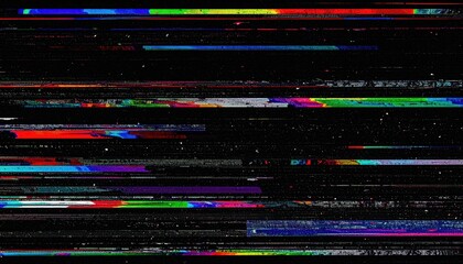 VHS distorted video screen with RGB noise bands on black background 
