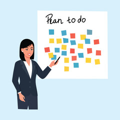 Illustration of a professional woman presenting a work plan with a board full of colorful sticky notes, symbolizing planning, strategy and task management.