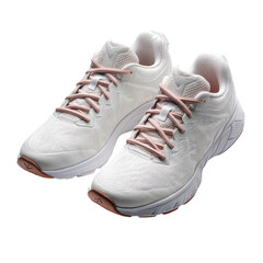 Pair of white running shoes with light rose laces