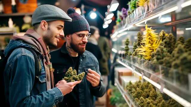A man in a flat cap and denim jacket holding a cannabis leaf in his hand, with another man in the background.