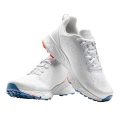 Pair of white athletic shoes with perforated design and orange accents