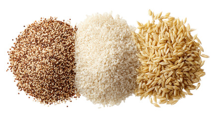 Premium Organic Grains: A flat lay of premium organic grains like quinoa, rice, and oats, isolated on a Transparent background, PNG file.