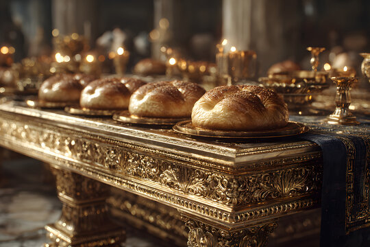 Table of Showbread and the bread of the Presence described in the book of Moses. Exodus, Old Testament. 3d rendering biblical illustration.