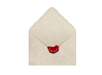 Open vintage realistic textured paper envelope with red sealing wax