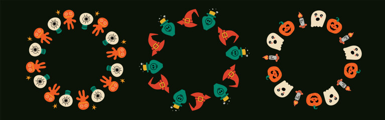 Trendy Halloween element set with witchcraft symbols – cat, raven, witch hat, potion, and cauldron. Perfect for cards, stickers, and spooky posters.