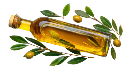 Premium Organic Olive Oil: A flat lay of premium organic olive oil in a glass bottle with a golden hue, isolated on a Transparent background, PNG file.