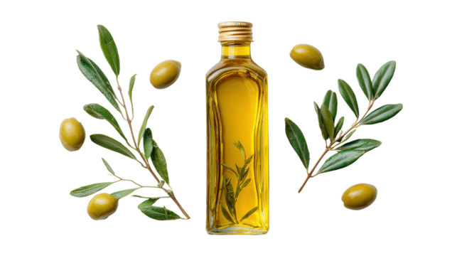 Premium Organic Olive Oil: A flat lay of premium organic olive oil in a glass bottle with a golden hue, isolated on a Transparent background, PNG file.