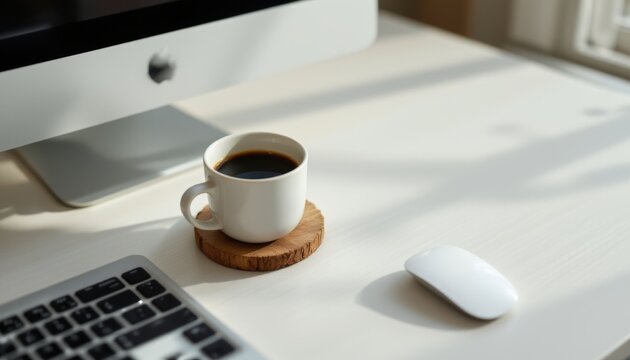 create a minimalist desktop scene featuring a coffee cup placed on a wooden coaster near a puter