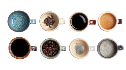 Premium Quality Coffee Mugs: A flat lay of premium quality coffee mugs with sleek designs, isolated on a Transparent background, PNG file.