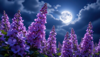 Fototapeta premium pure white tones subject: fabulous purple flowers, glowing magical fern flowers copy space: ample copy space at the bottom for photo use, keywords: flowers, moonlight, lilac