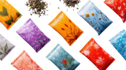 Premium Quality Tea Bags: A flat lay of premium quality tea bags with vibrant packaging, isolated on a Transparent background, PNG file.