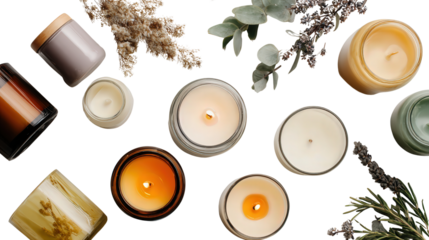 Premium Scented Candles: A flat lay of premium scented candles with elegant glass jars and soothing fragrances, isolated on a Transparent background, PNG file.