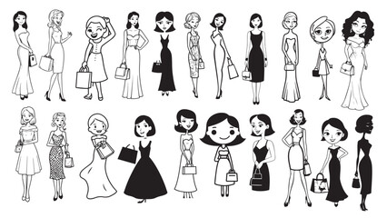Beautiful Woman Formal Dress Standing Hold Bag Silhouette 2D Cartoon Character Black White Background