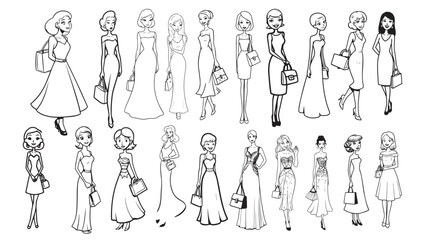 Beautiful Woman Formal Dress Standing Hold Bag Silhouette 2D Cartoon Character Black White Background