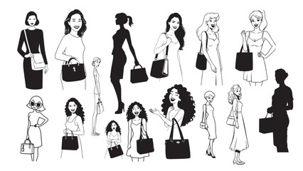 Beautiful Woman Standing Hold Bag Silhouette Black and White Vector Illustration on White Background