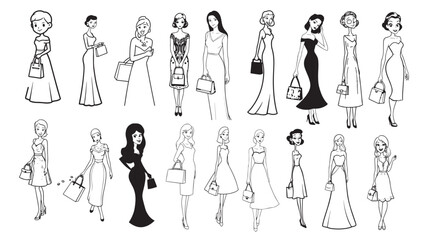 Beautiful Woman Formal Dress Standing Hold Bag Silhouette 2D Cartoon Character Black White Background