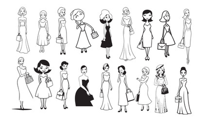 Beautiful Woman Formal Dress Standing Hold Bag Silhouette 2D Cartoon Character Black White Background