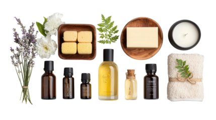 Premium Spa Kits: A flat lay of premium spa kits with bath products, essential oils, and candles, isolated on a Transparent background, PNG file.