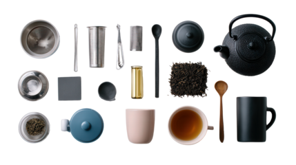 Premium Tea Accessories: A flat lay of premium tea accessories like teapots, infusers, and tea cups, isolated on a Transparent background, PNG file.