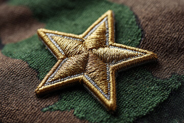Gold and silver embroidered star patch on camouflage fabric close up detail