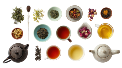 Premium Tea Accessories: A flat lay of premium tea accessories like teapots, infusers, and tea cups, isolated on a Transparent background, PNG file.