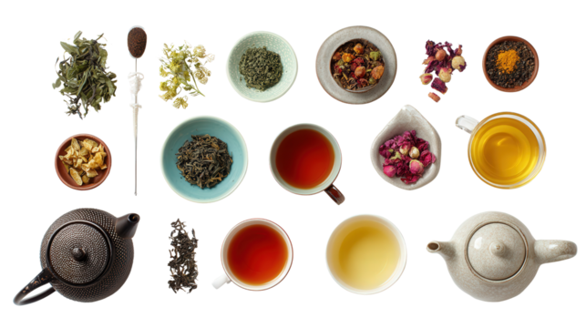 Premium Tea Accessories: A flat lay of premium tea accessories like teapots, infusers, and tea cups, isolated on a Transparent background, PNG file.