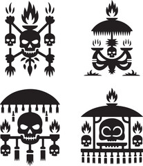 Four Stylized Black Silhouettes of Skull and Flame Themed Decorative Objects skeleton fire