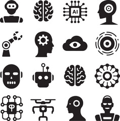 Collection of Icons Representing Artificial Intelligence and Robotics brain