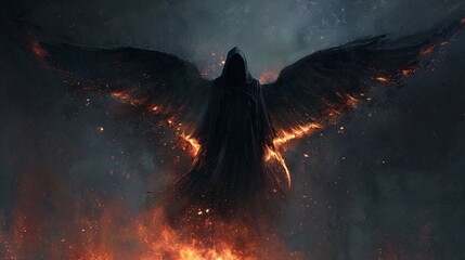 Death with wings in fire, dark mystical atmosphere

